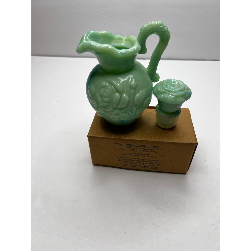 Vintage Avon Mint Green Swirl Jadeite Perfume Bottle/Pitcher & Rose Design Cap